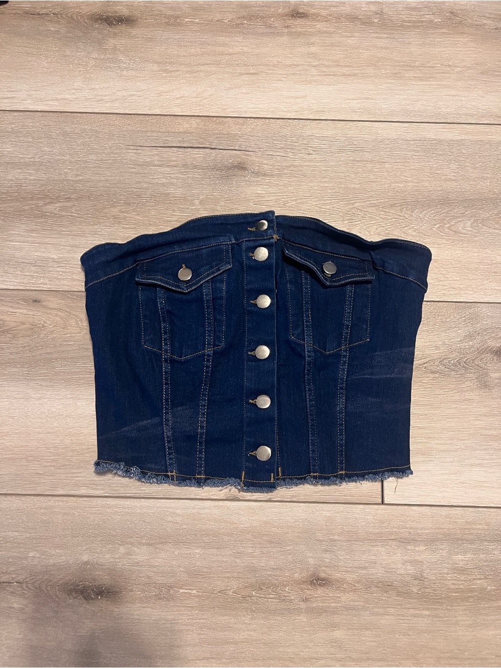 Strapless Dark Blue Denim Bustier Top - Classic Button Front